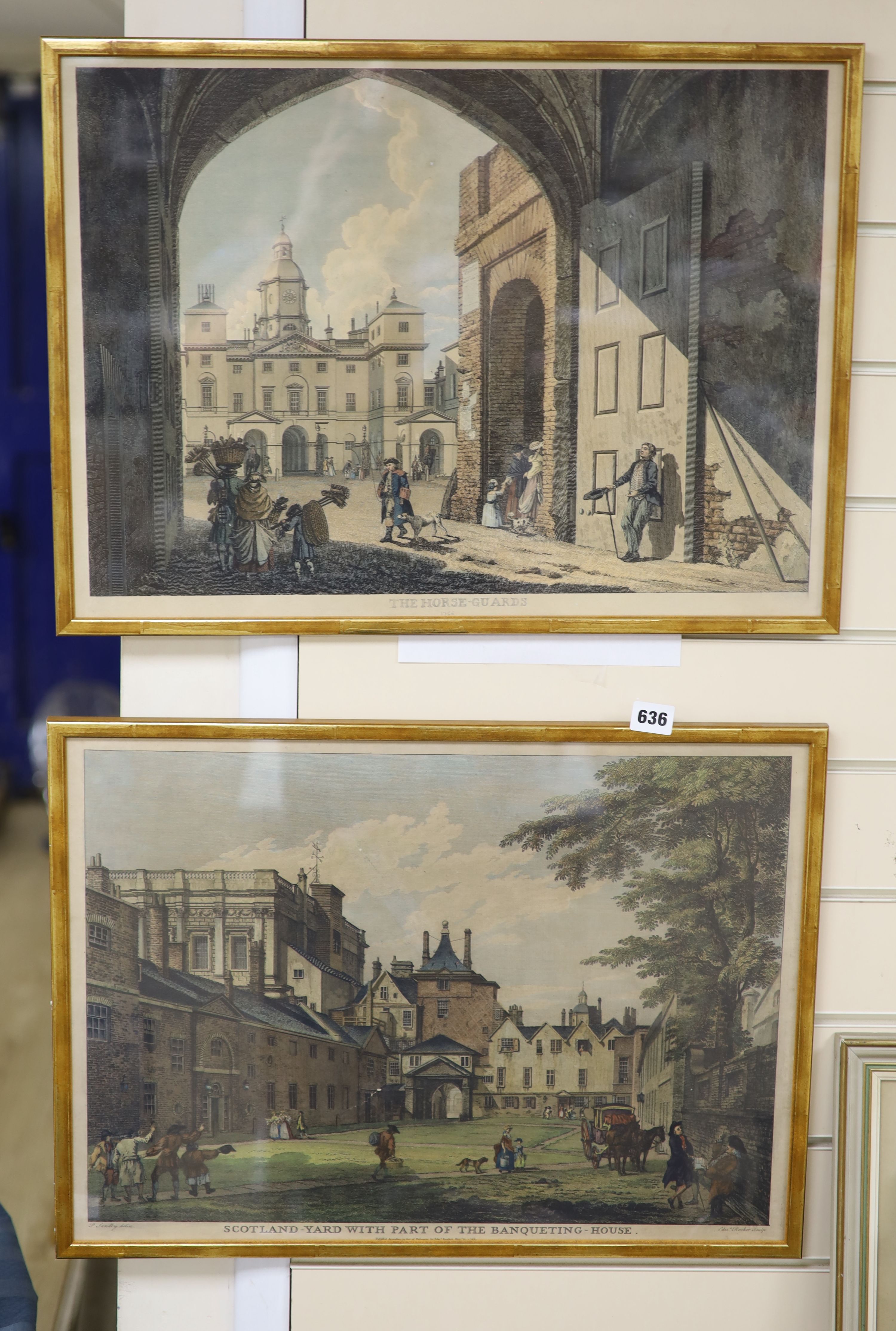 Rooker after Sandby, pair of hand coloured engravings, The Horseguards and Scotland Yard, 40 x 55cm